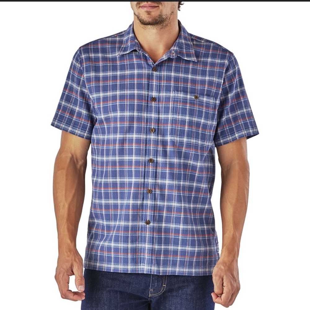 Patagonia Men's Casual Organic Cotton Seersucker Blue Plaid Shirt